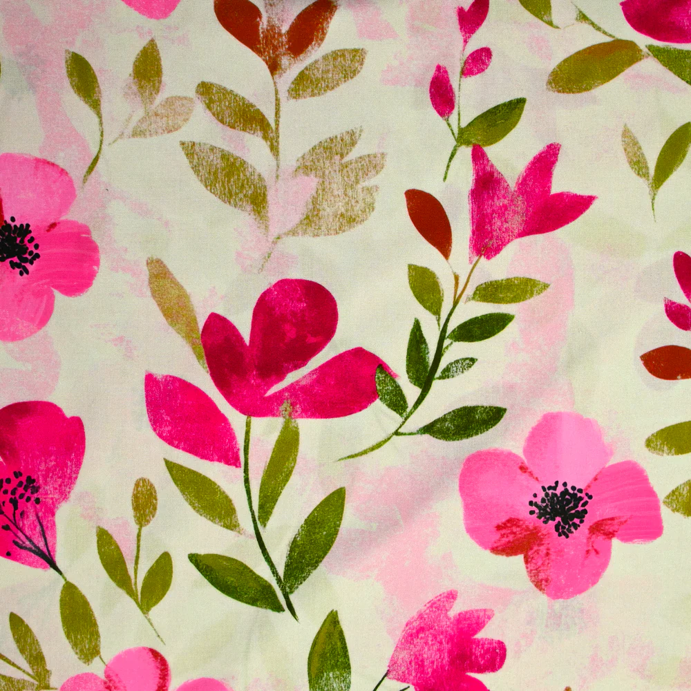 Viscose imprimée fleurs rose fond écru