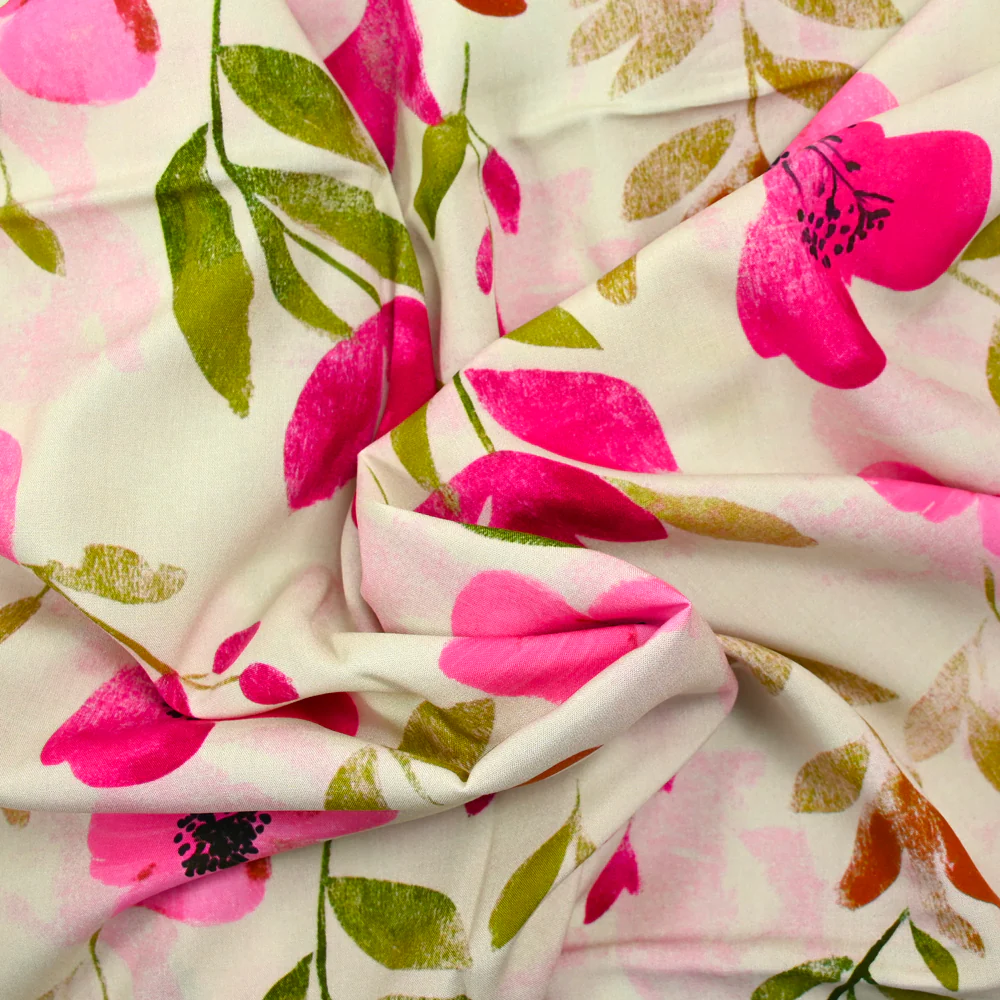 Viscose imprimée fleurs rose fond écru - Image 2