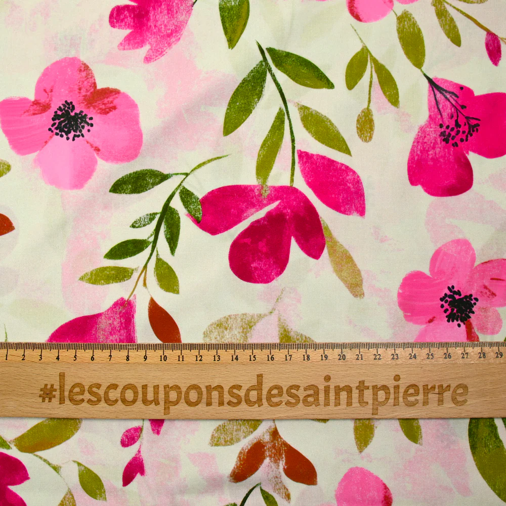 Viscose imprimée fleurs rose fond écru - Image 3
