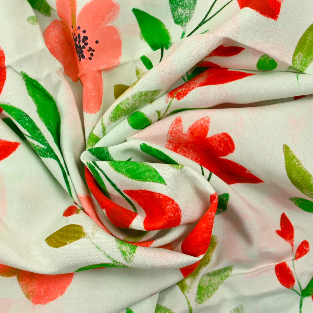 Viscose imprimée fleurs rouge fond écru - Image 2