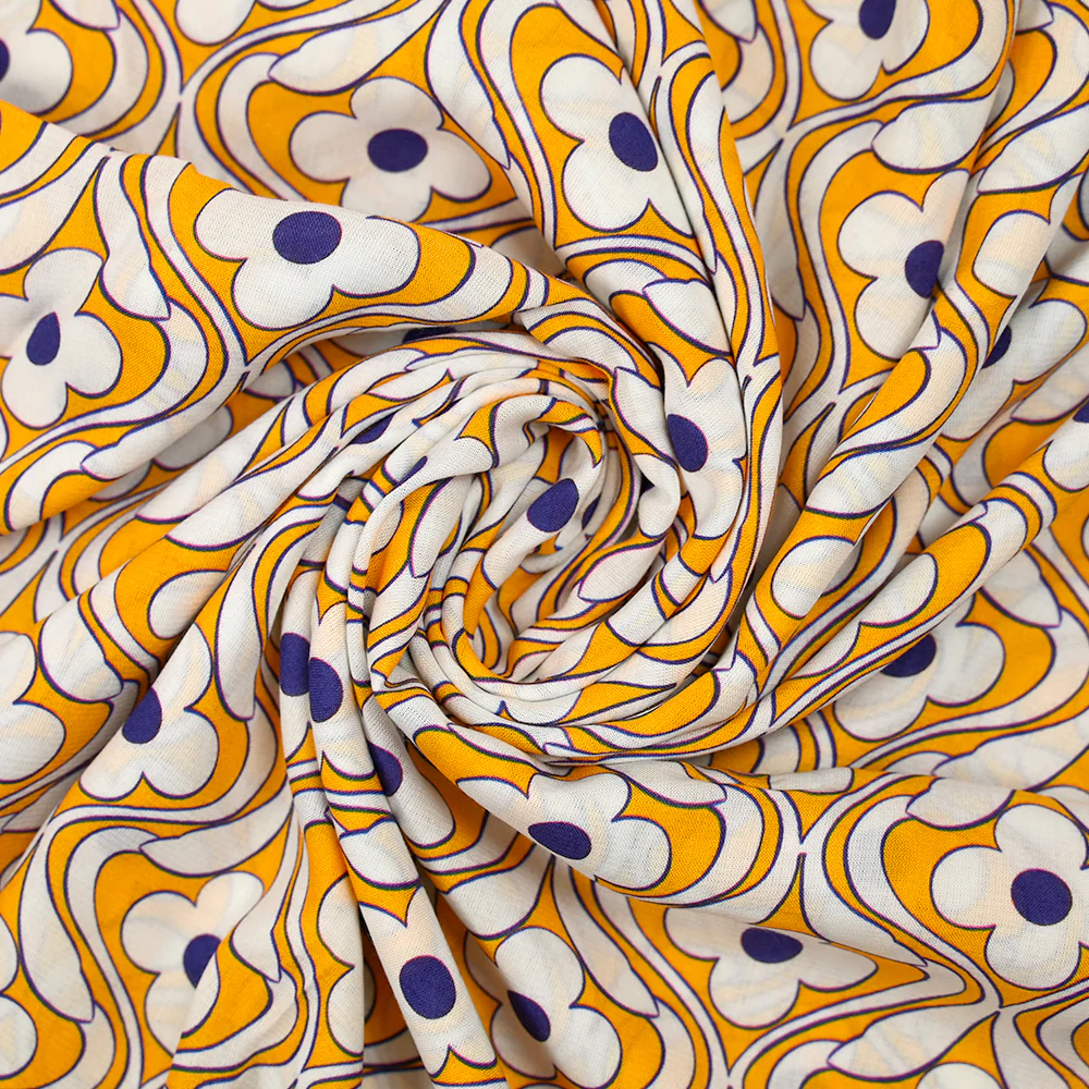 Viscose imprimée floral bleu fond jaune - Image 2