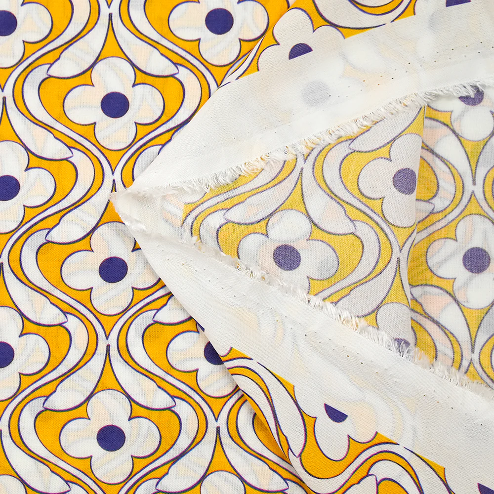Viscose imprimée floral bleu fond jaune - Image 4