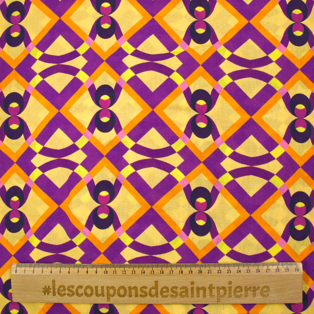 Viscose imprimée géométrie enchaînée violet fond jaune beurre - Image 3