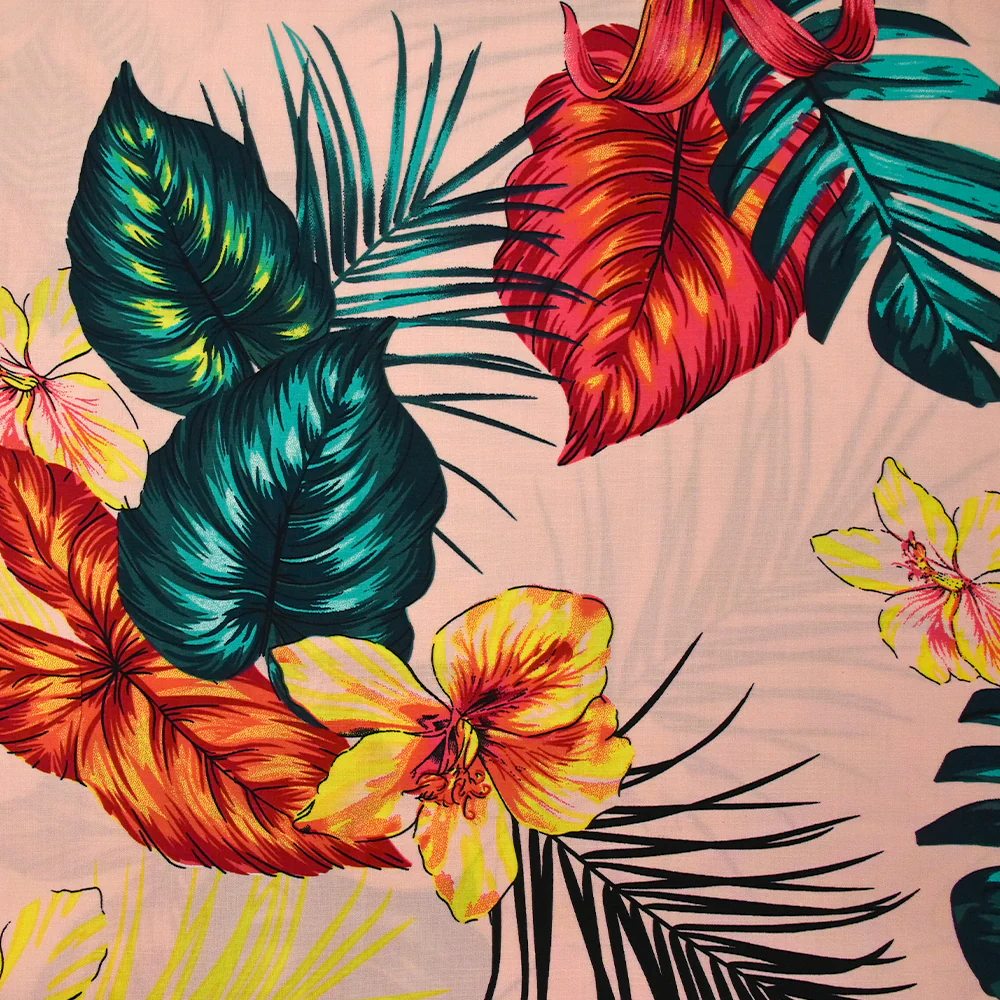 Viscose imprimée Honolulu fond rose clair