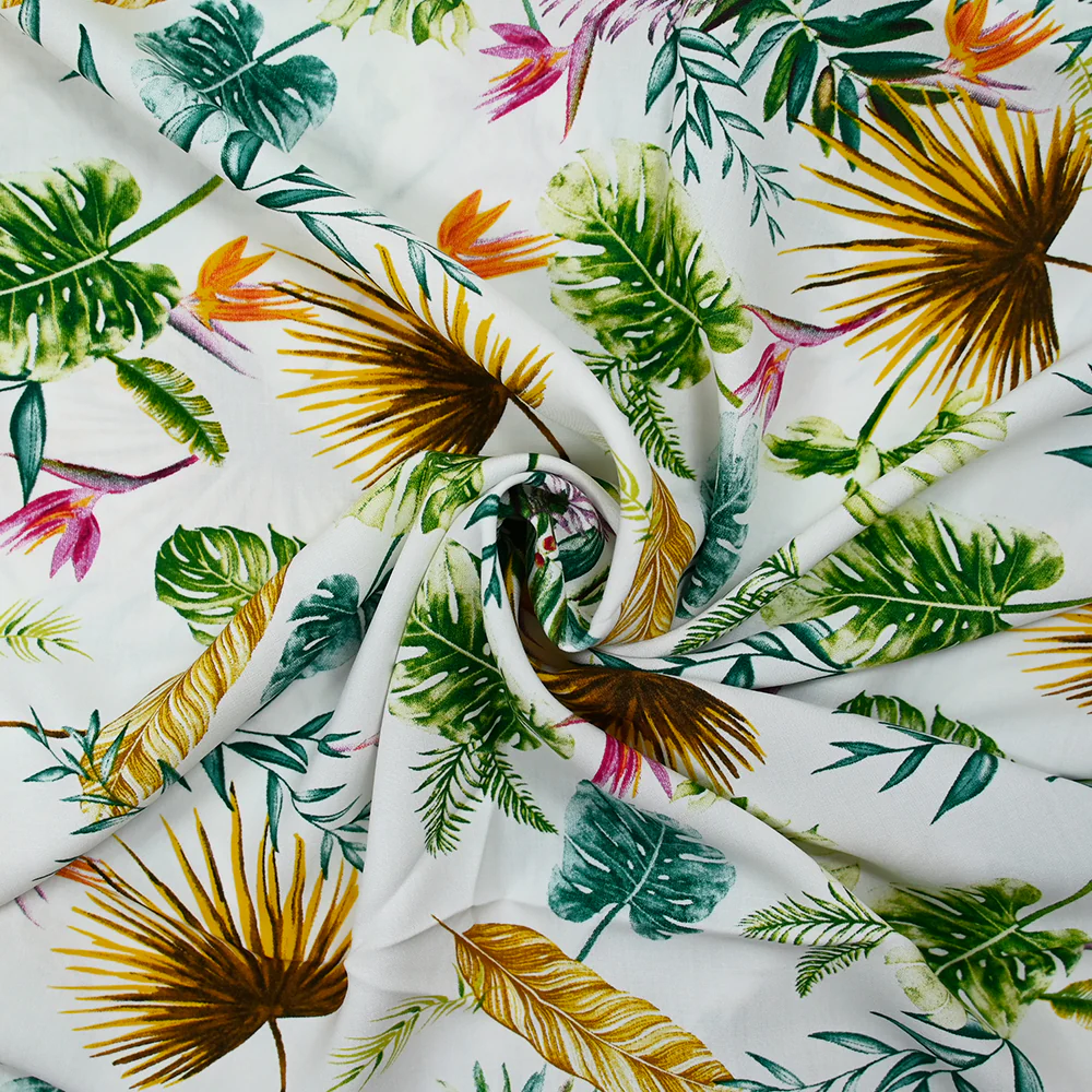 Viscose imprimée jungle jaune et vert fond blanc cassé - Image 2