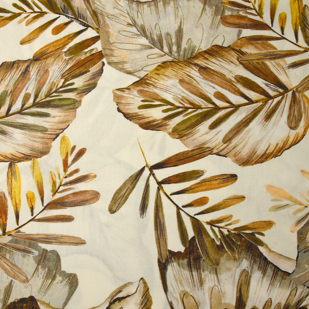 Viscose imprimée nature en feuilles marron et jaune fond écru