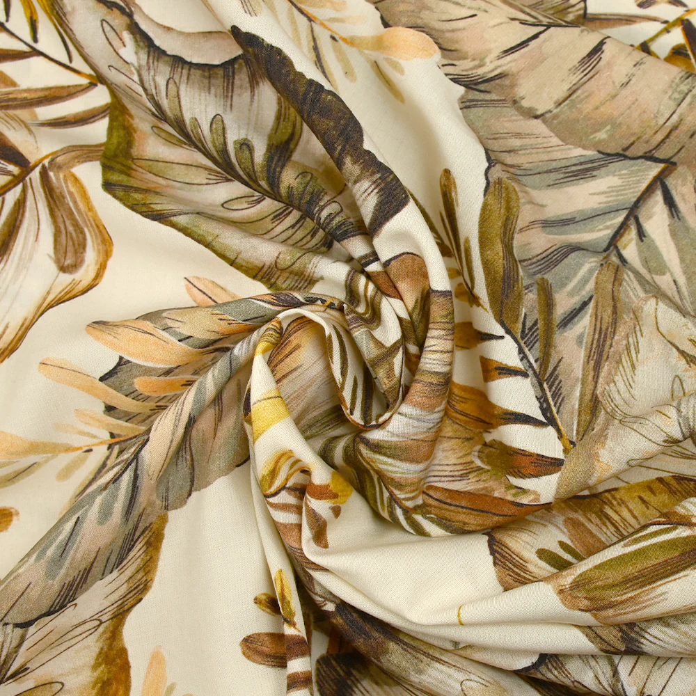 Viscose imprimée nature en feuilles marron et jaune fond écru - Image 2