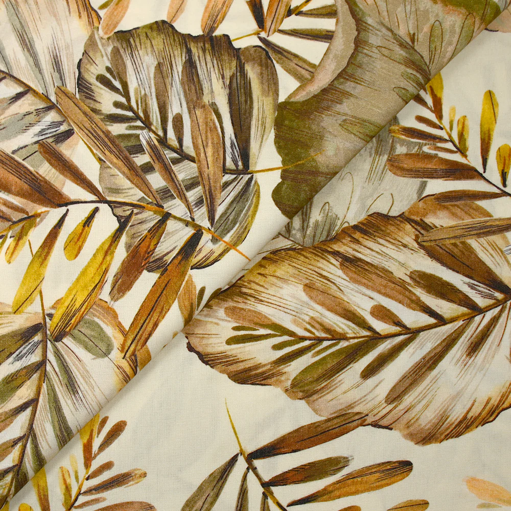 Viscose imprimée nature en feuilles marron et jaune fond écru - Image 5