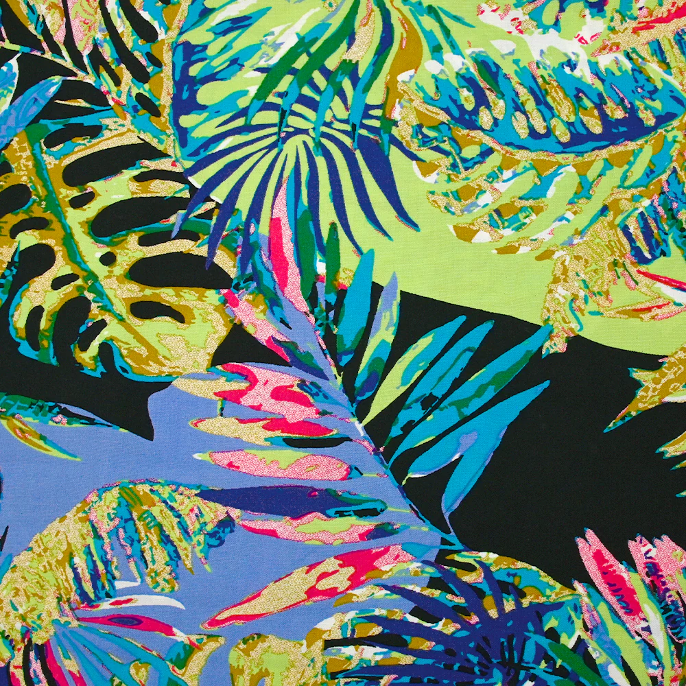 Viscose imprimée nature psychédélique fond vert clair et bleu lavande