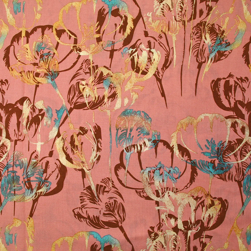 Viscose imprimée ombre de tulipes fond vieux rose