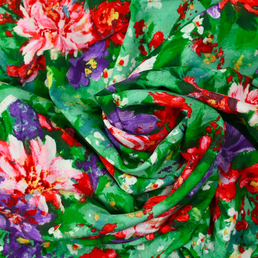 Viscose imprimée peinture de fleurs fond vert - Image 2