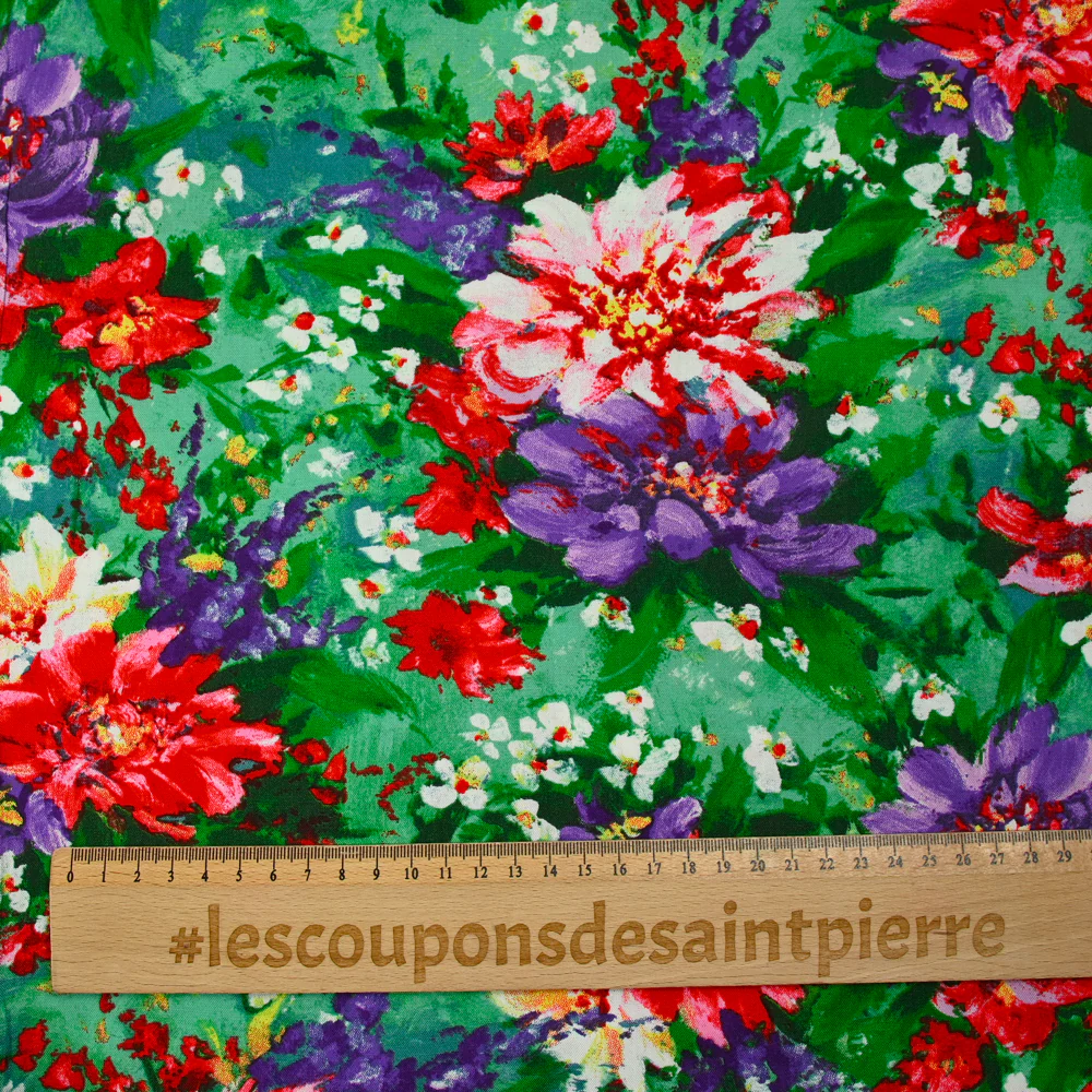 Viscose imprimée peinture de fleurs fond vert - Image 3