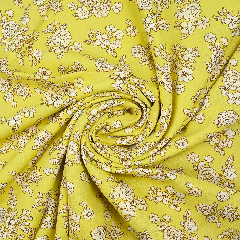 Viscose imprimée printanière blanc cassé fond jaune soufre - Image 2