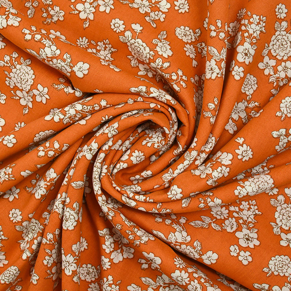 Viscose imprimée printanière blanc cassé fond orange - Image 2