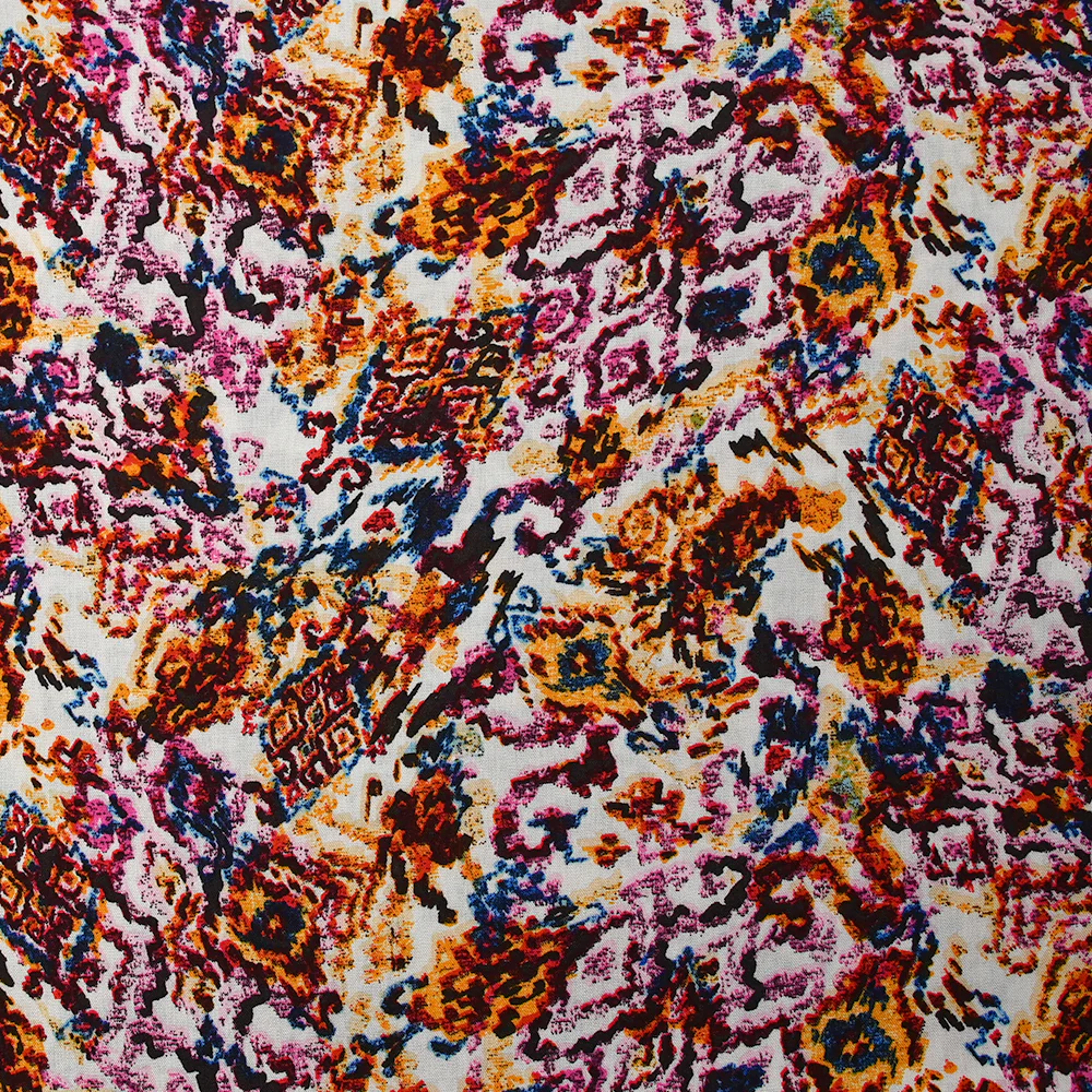 Viscose imprimée vibration d'Orient orange et magenta fond blanc