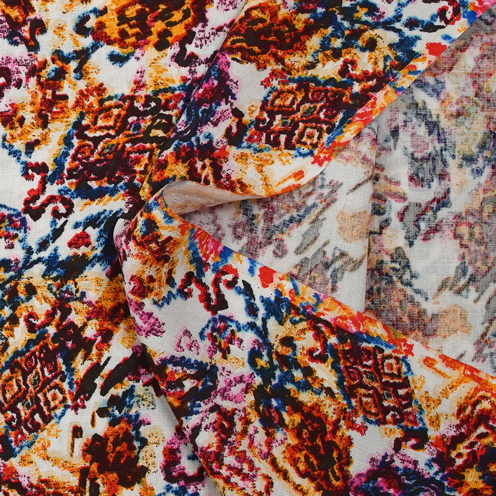 Viscose imprimée vibration d'Orient orange et magenta fond blanc - Image 4
