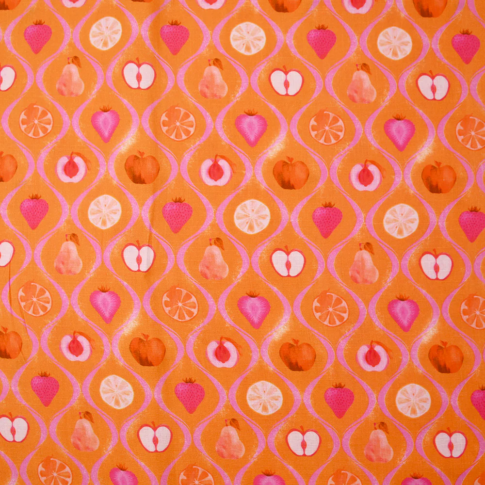 Viscose tissée imprimée découpe de fruits fond orange