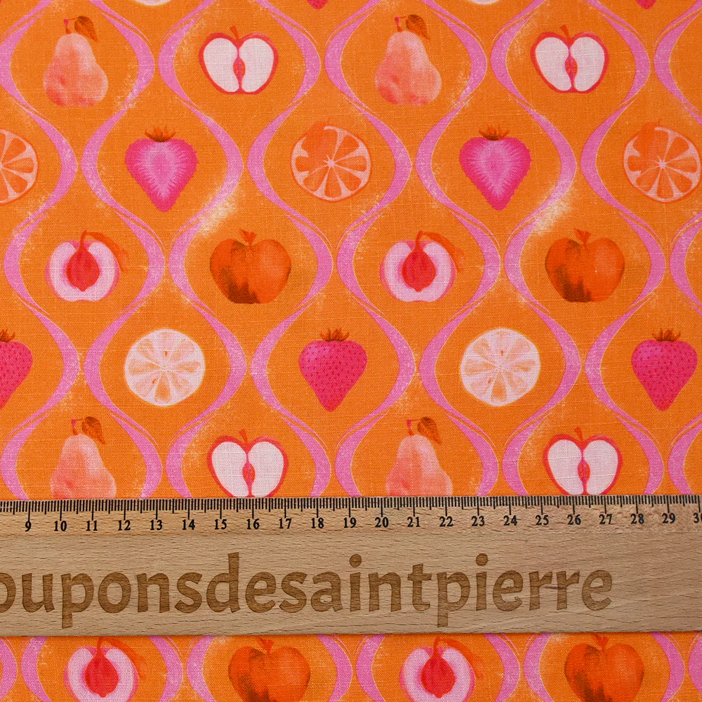 Viscose tissée imprimée découpe de fruits fond orange - Image 3