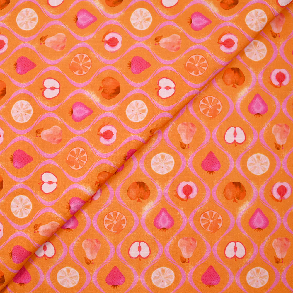 Viscose tissée imprimée découpe de fruits fond orange - Image 4