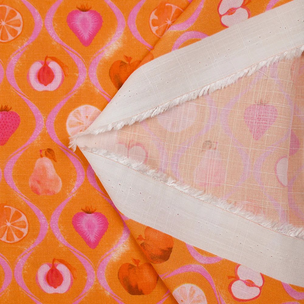 Viscose tissée imprimée découpe de fruits fond orange - Image 5