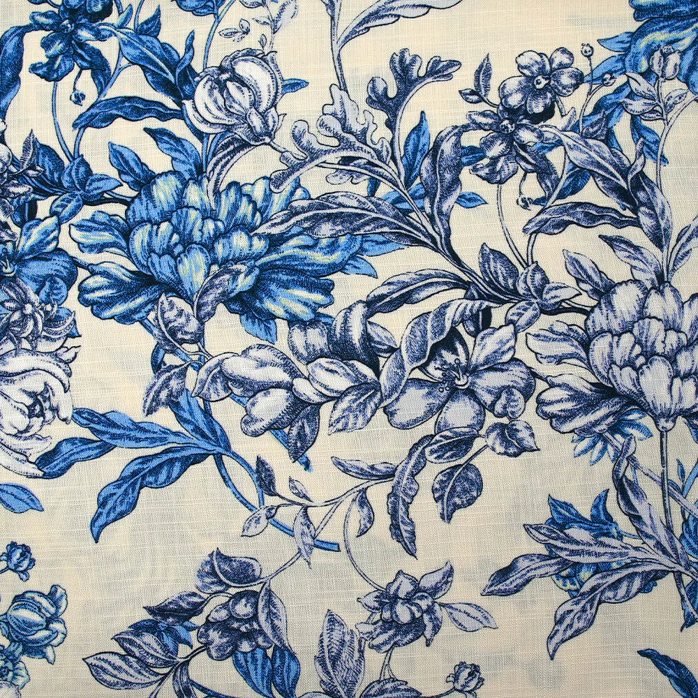 Viscose tissée imprimée fleurs enchantées bleu fond écru