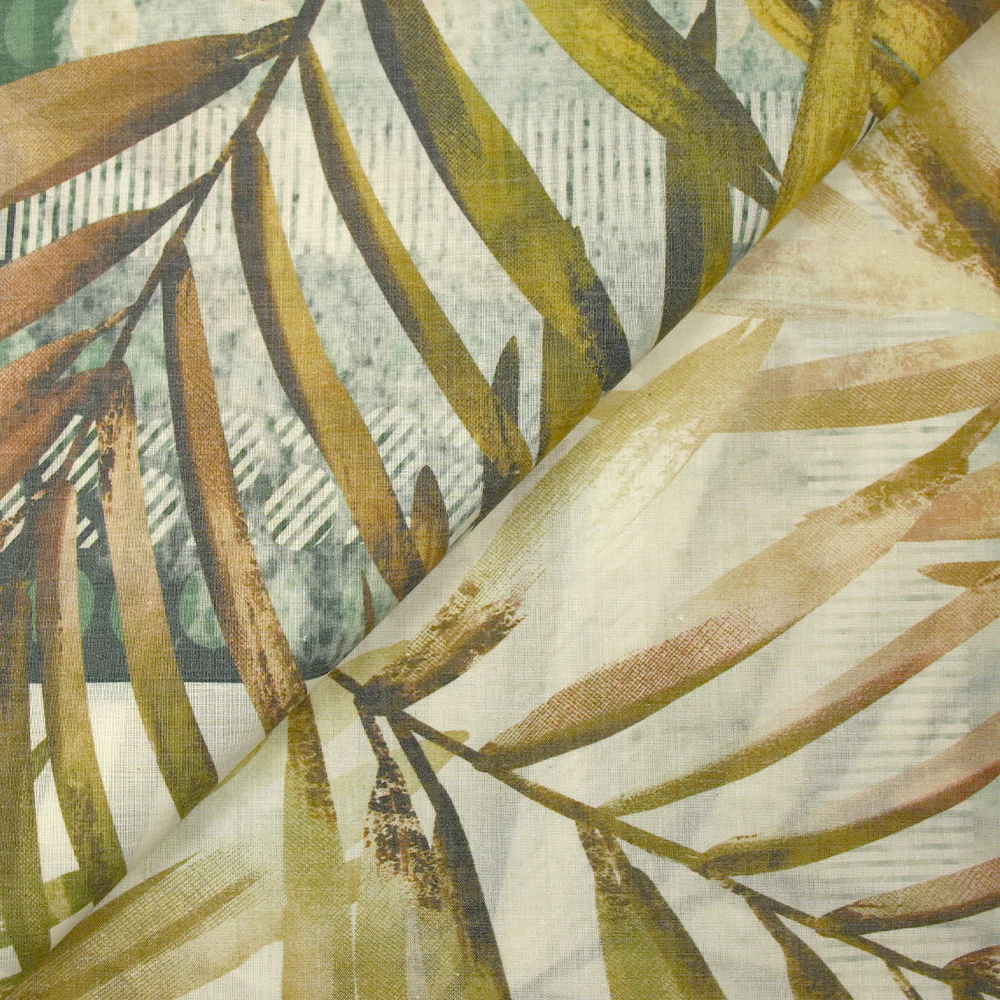 Voile de polycoton imprimé frise et palmiers vert et marron fond écru