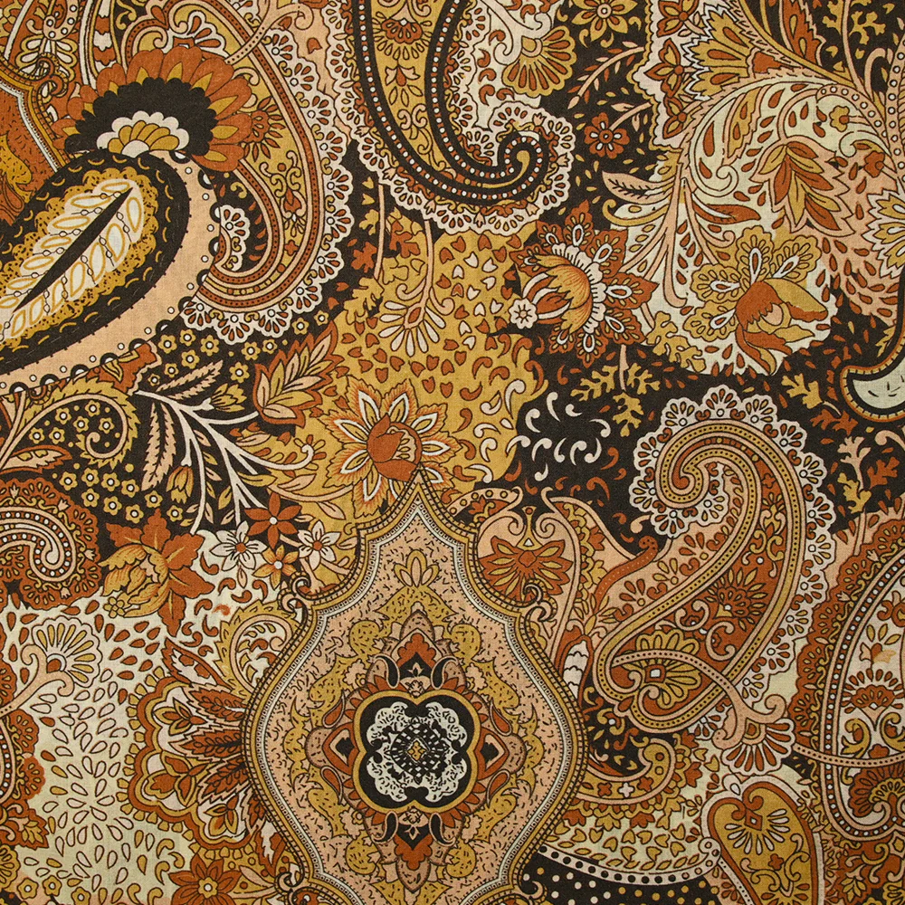 Voile de viscose imprimé cachemire automnale jaune fond marron