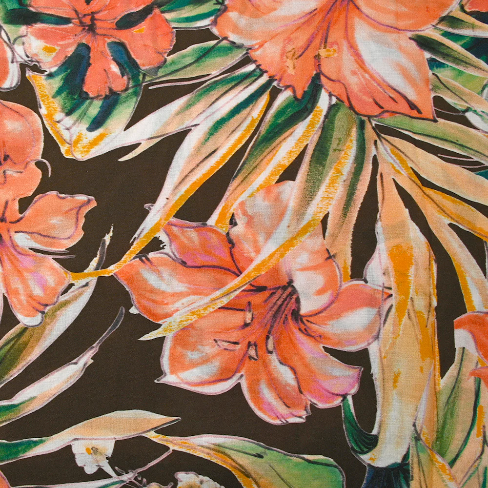 Voile de viscose imprimé Hawaiian hibiscus orange corail fond marron - Image 4